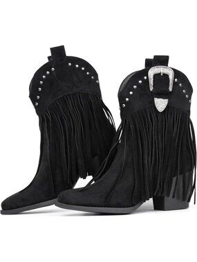 Women's Fringe Black Cowgirl Boots Snip Toe Pull On Dress Western Ankle Booties